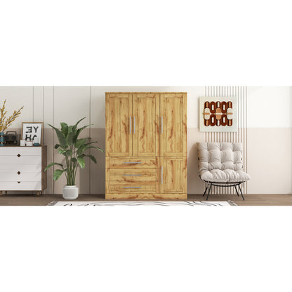 4 Door Wardrobe Armoire Closet with 3 Drawers, Natural