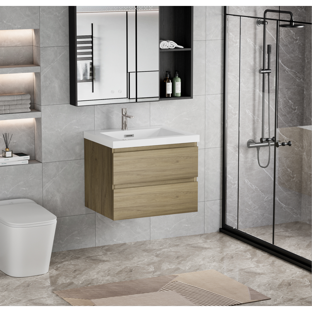 30" Floating Bathroom Vanity with Sink, Modern Wall-Mounted Bathroom Storage Vanity Cabinet with Resin Top Basin and Soft Close Drawers, Natural Oak 24V11-30NO