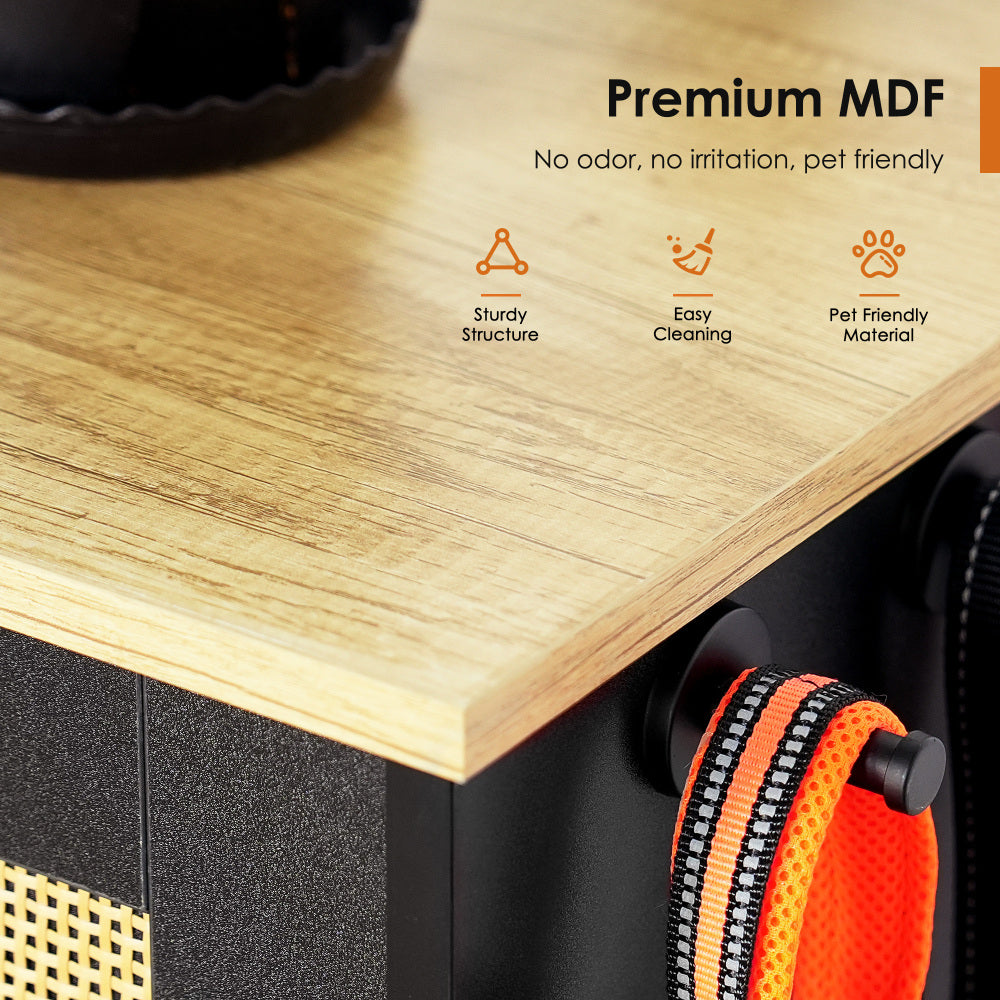 Feeding station with 2 lockers, pet feeding station with 2 elevated dog bowls, side hooks, anti-tipping kit, hidden pet feeding station for feeding and watering, rattan door, black