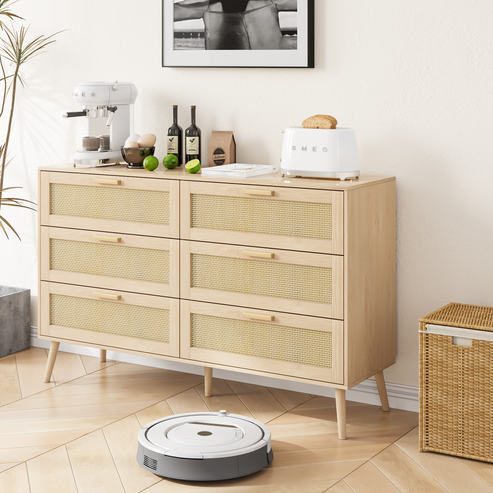 Rattan 6 Drawers Chest of Dressers for Bedroom  Modern 6 Drawer Dresser, Wide Chest of Drawers Storage Cabinet for Living Room, Bedroom, Hallway