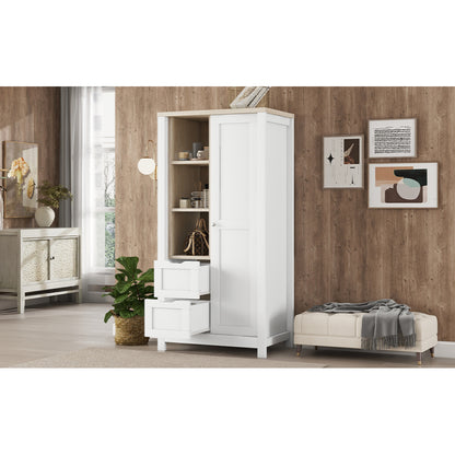 Bedroom Storage Wardrobe with Hanging Rods and 2 Drawers and Open Shelves,Sliding Door,White