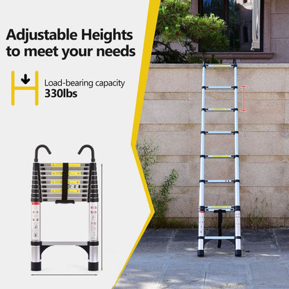 Telescopic ladder, 9.5 foot aluminum button telescopic ladder with 2 triangular stabilizers and hooks, multi-purpose ladder, maximum load-bearing capacity of 330 pounds, suitable for industrial and ho