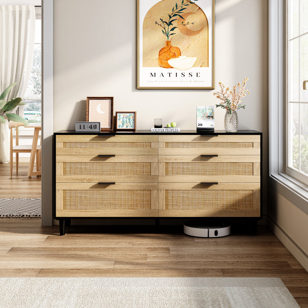 59" Rattan Dresser with Drawers, 6 Drawer Dresser for Bedroom, Clothes Storage Cabinet for Bedroom, Metal Handle&Wood Legs for Hallway, Living Room, Bedroom,Black