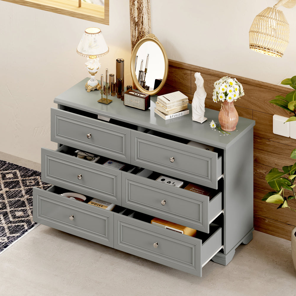 6 Drawers Elegant Design Wooden Dresser, Retro Style Storage Cabinet with Metal Handles for Bedroom, Gray