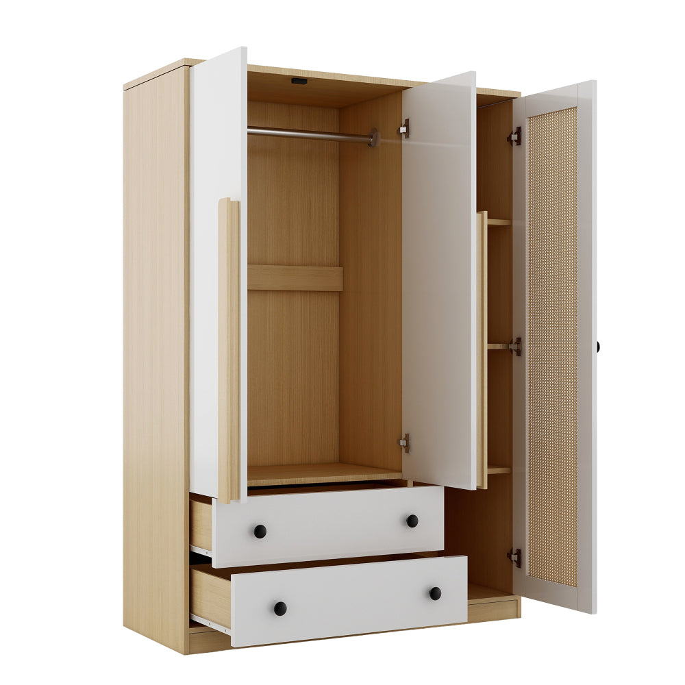 3-Doors Wooden Rattan Wardrobe Storage for Bedroom,with 2 Drawers,White+Nature