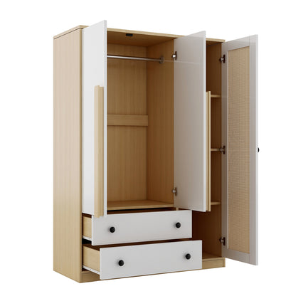 3-Doors Wooden Rattan Wardrobe Storage for Bedroom,with 2 Drawers,White+Nature