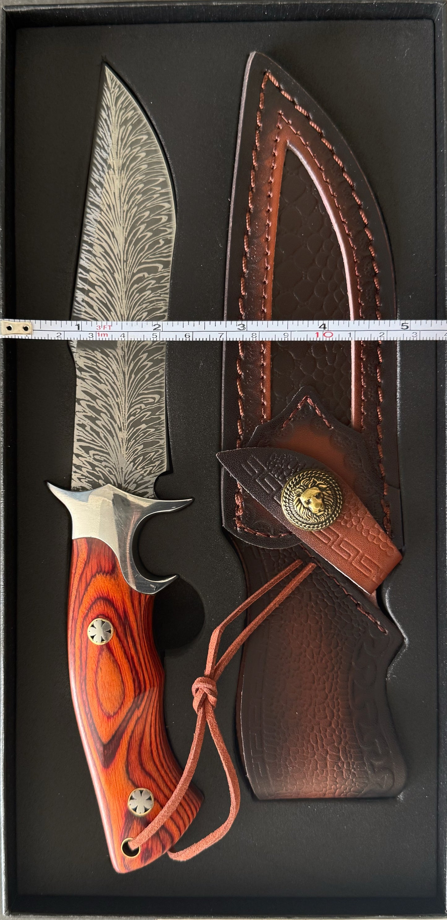 TerrainX Fixed Blade Knife with Etched Damascus-Style Pattern and Leather Sheath