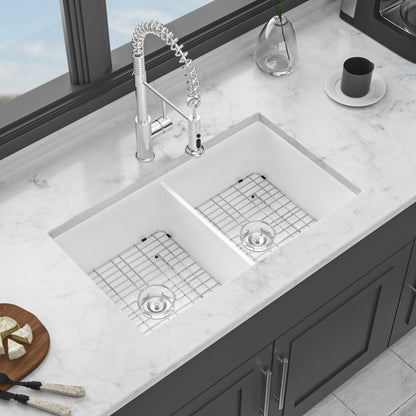 32" Undermount Double Bowl Ceramic Kitchen Sink - Dual Mount White Ceramic Rectangular Deep Double Bowl Sink Basin