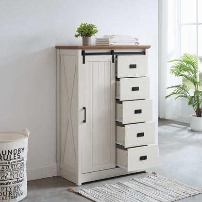 5 Drawers Dresser w/Sliding Barn Door, Farmhouse Modern Tall Dresser 5 Chest of Drawers, Storage Organizer Dresser for Bedroom, Hallway, Living Room, Kids Room WHITE