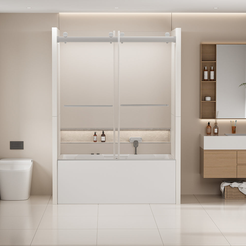 56-60 in. W x 62 in. H Frameless Double Sliding Tub Door, Bypass Tub Shower Door Soft Closing, Chrome 24D02-T60CHX