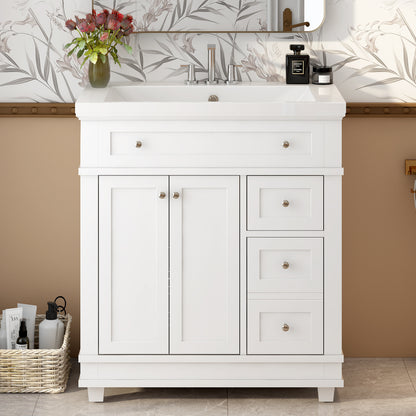 30" Bathroom Vanity Cabinet with Sink Combo Set, Undermount Resin Sink, Free Standing Vanity Set with 2 Drawers& Soft Closing Doors, Solid Wood Frame Bathroom Cabinet, White (Same as SW000132AAK)
