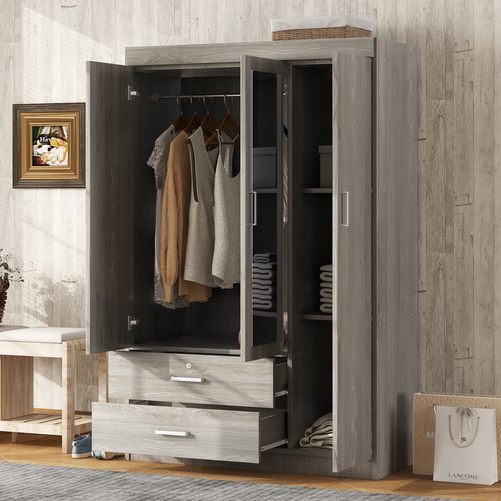 4-Door Mirror Wardrobe with shelves, White