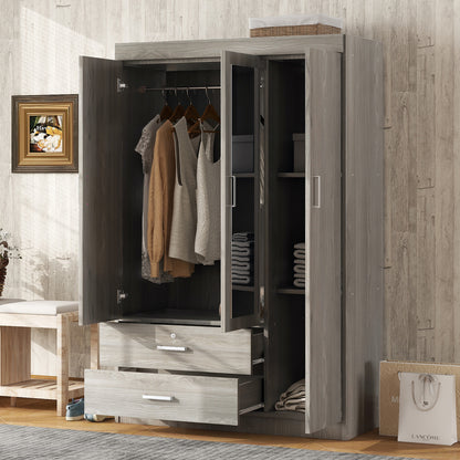 3-Door Mirror Wardrobe with shelves, White