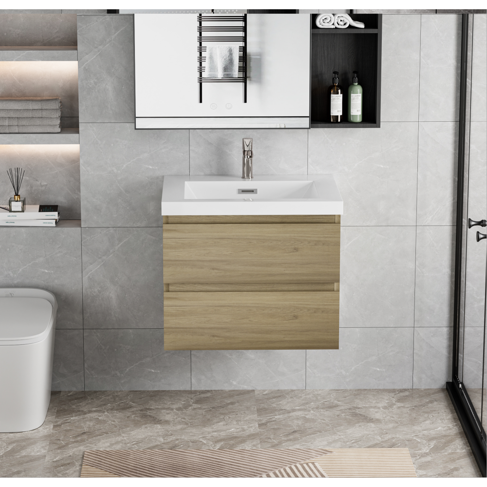 30" Floating Bathroom Vanity with Sink, Modern Wall-Mounted Bathroom Storage Vanity Cabinet with Resin Top Basin and Soft Close Drawers, Natural Oak 24V11-30NO