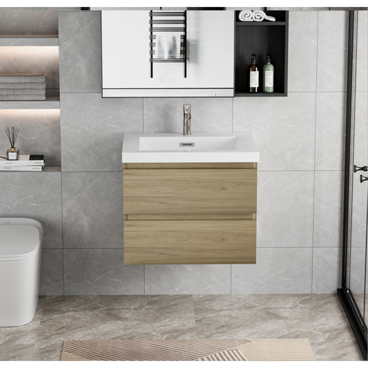 30" Floating Bathroom Vanity with Sink, Modern Wall-Mounted Bathroom Storage Vanity Cabinet with Resin Top Basin and Soft Close Drawers, Natural Oak 24V11-30NO