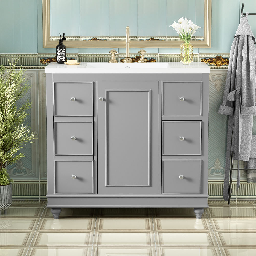 Contemporary Gray Bathroom Vanity Cabinet - 36x18x34 inches, 4 Drawers & 1 Cabinet Door, Multipurpose Storage, Resin Integrated Sink, Adjustable Shelves, Solid Wood Frame with MDF