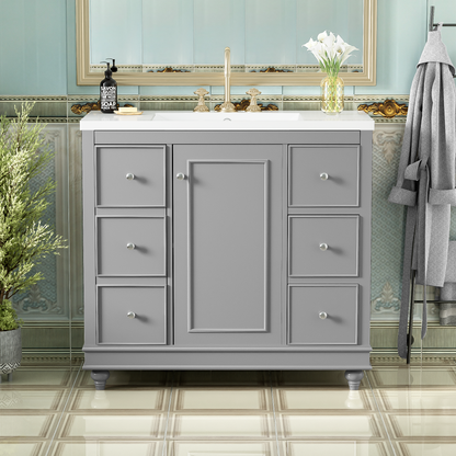 Contemporary Gray Bathroom Vanity Cabinet - 36x18x34 inches, 4 Drawers & 1 Cabinet Door, Multipurpose Storage, Resin Integrated Sink, Adjustable Shelves, Solid Wood Frame with MDF