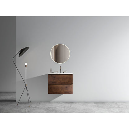 Wall Mount 24" Walnut Bathroom Vanity with Ceramic Sink with three faucet holes, Large Storage Floating Bathroom Vanity for Modern Bathroom, One-Piece Sink Basin without Drain, Pre-assembled