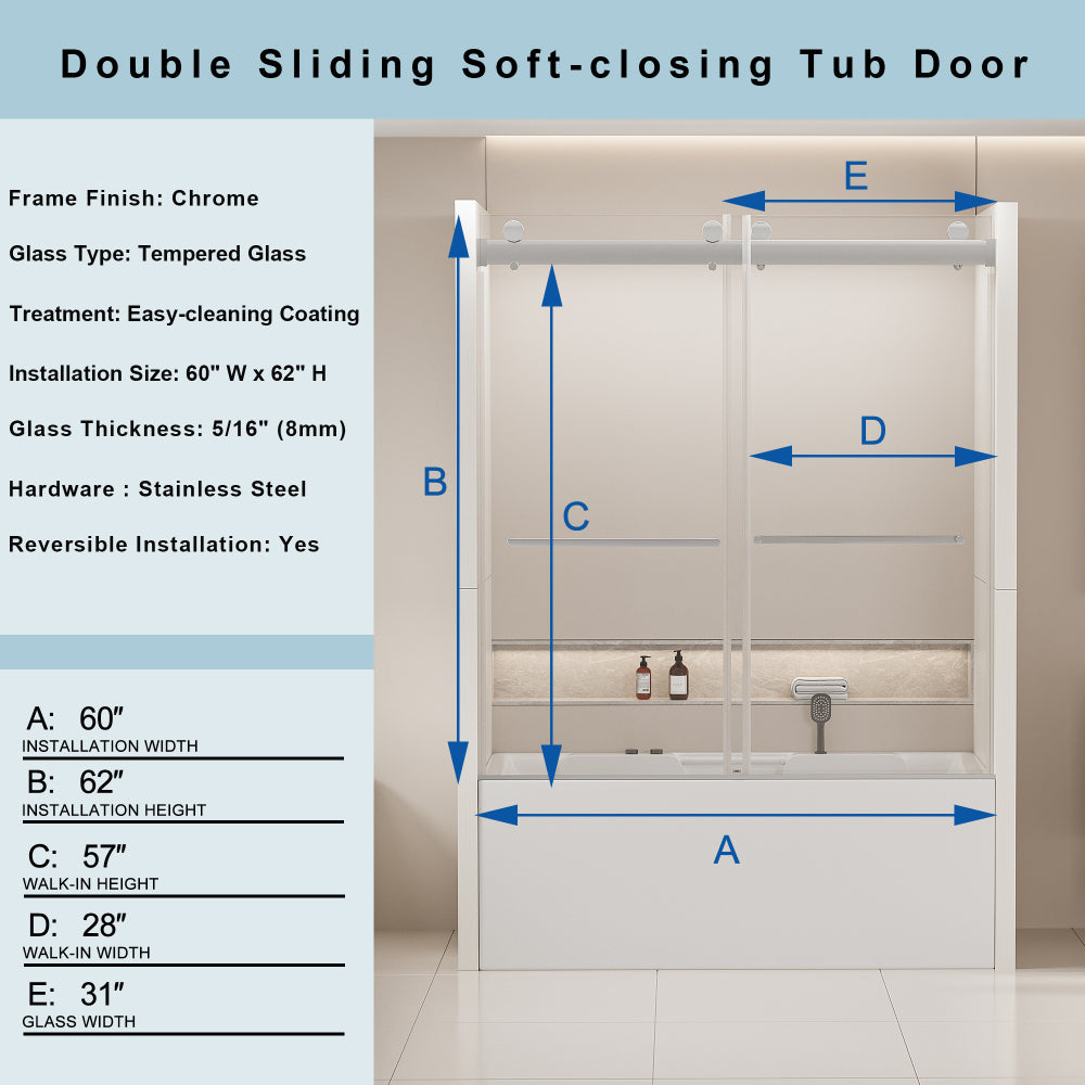 56-60 in. W x 62 in. H Frameless Double Sliding Tub Door, Bypass Tub Shower Door Soft Closing, Chrome 24D02-T60CHX