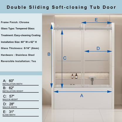 56-60 in. W x 62 in. H Frameless Double Sliding Tub Door, Bypass Tub Shower Door Soft Closing, Chrome 24D02-T60CHX