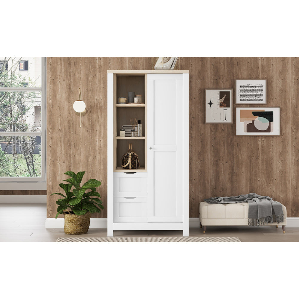 Bedroom Storage Wardrobe with Hanging Rods and 2 Drawers and Open Shelves,Sliding Door,White