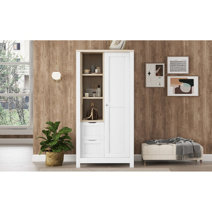 Bedroom Storage Wardrobe with Hanging Rods and 2 Drawers and Open Shelves,Sliding Door,White