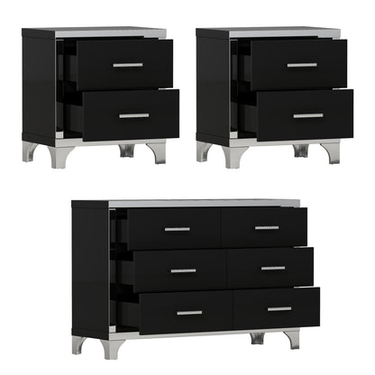 3-Pieces Sets,Dresser and Two Nightstands with Metal Handles and Mirror Decoration, Elegant and Subtle, Black
