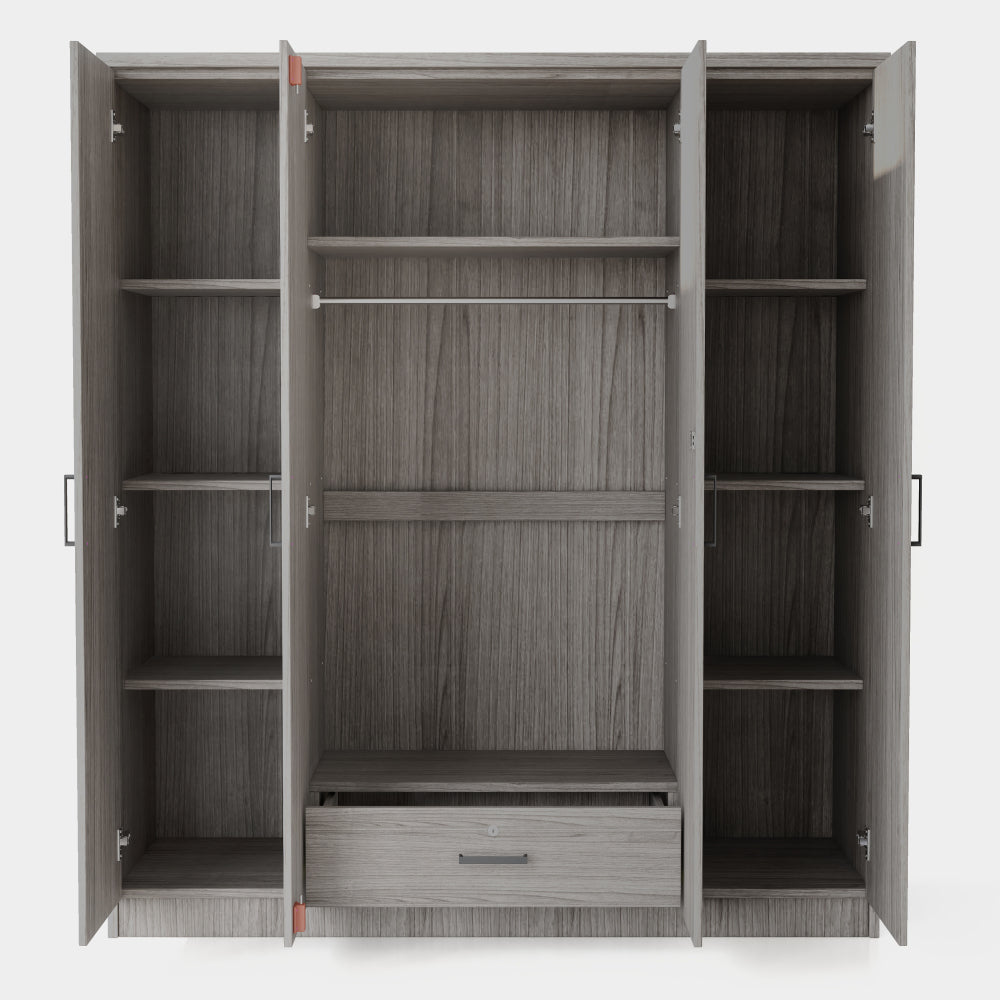 4-Door Mirror Wardrobe with shelves, Gray