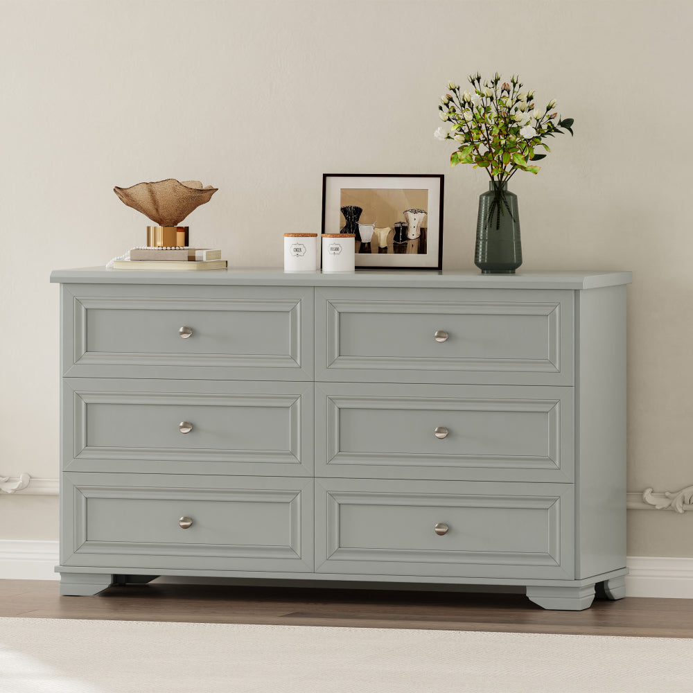 6 Drawers Elegant Design Wooden Dresser, Retro Style Storage Cabinet with Metal Handles for Bedroom, Gray