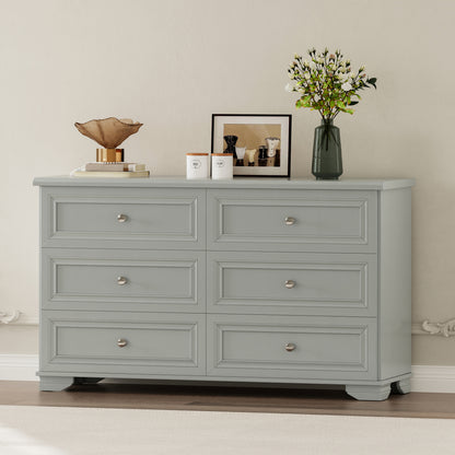 6 Drawers Elegant Design Wooden Dresser, Retro Style Storage Cabinet with Metal Handles for Bedroom, Gray