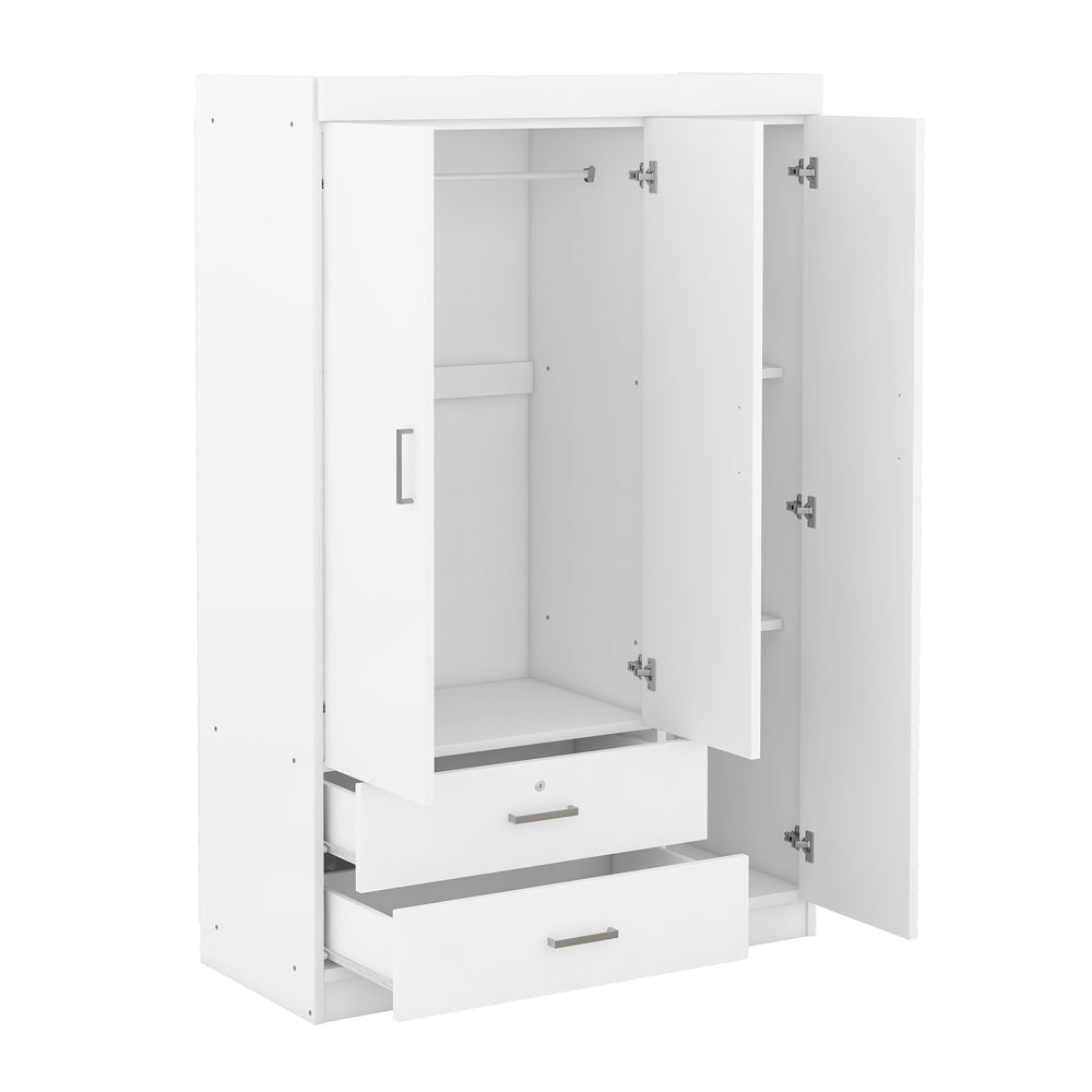 3-Door Mirror Wardrobe with shelves, White
