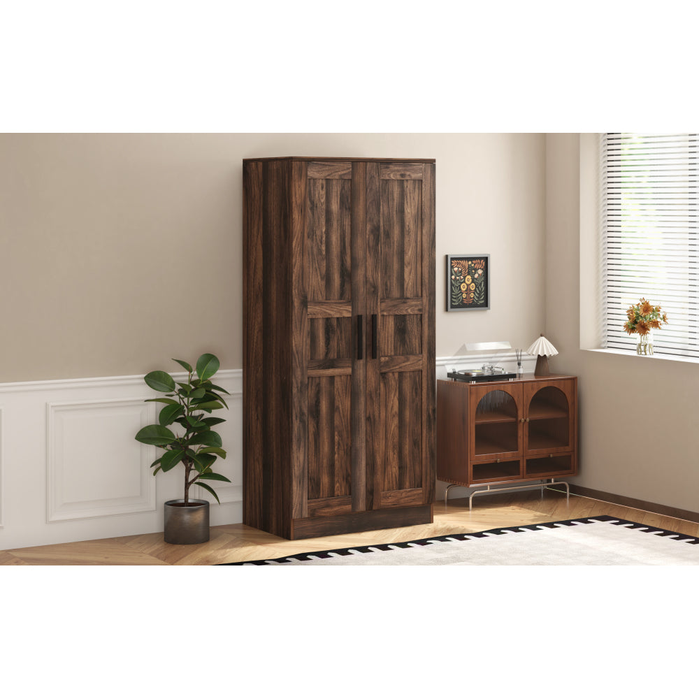 2-Door Wooden Wardrobe Armoire with LED and 4 Storage Shelves, Brown