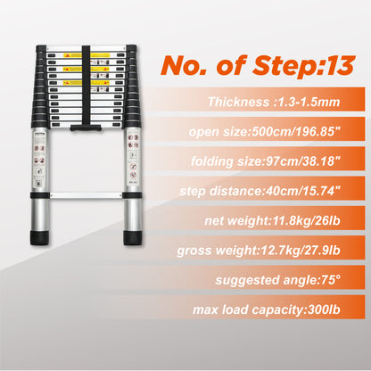 Telescoping Ladder 16.5FT, Telescopic Extension Ladder, Aluminum Alloy Folding Ladder Portable Multi-Purpose for Indoor Outdoor Work, Heavy Duty 300 lbs Load