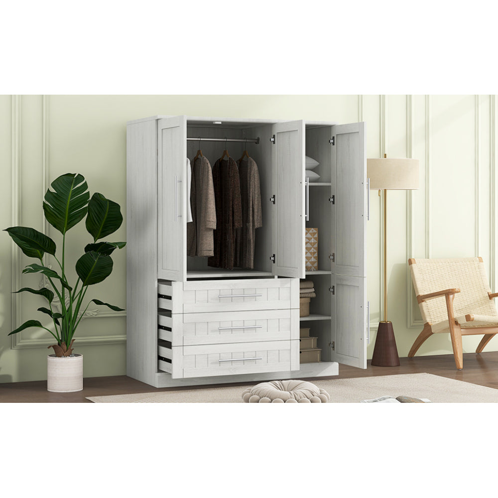 4 Door Wardrobe Armoire Closet with 3 Drawers, White