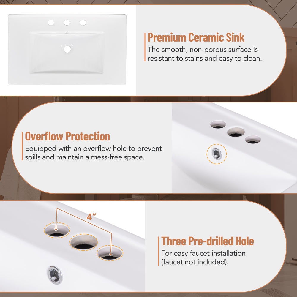 30inch Transitional Style Bathroom Vanity Cabinet Combo with Ceramic Sink,Soft Close Door