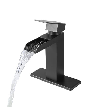 Waterfall Bathroom Faucet Black Single Handle Bathroom Sink Faucets 1 or 3 Hole Solid Vanity Faucet with Deck Plate & Overflow Pop Up Drain Matte Black