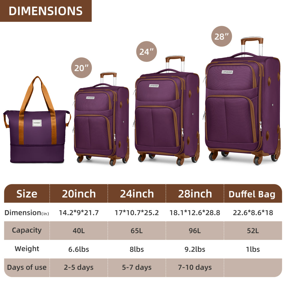 Luggage Sets 5 Piece Softside Expandable Suitcases Set with Spinner Wheels TSA Lock, Purple
