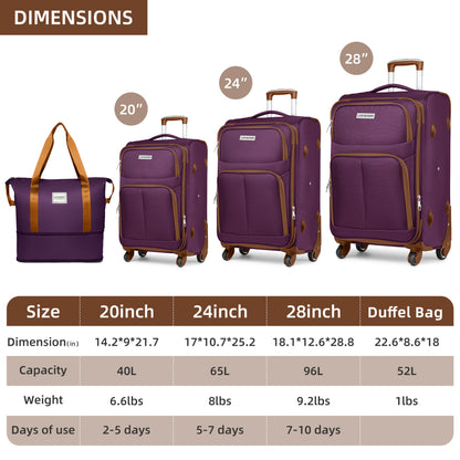 Luggage Sets 5 Piece Softside Expandable Suitcases Set with Spinner Wheels TSA Lock, Purple