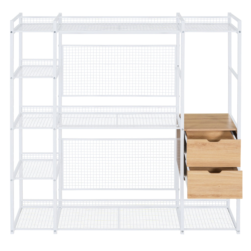 Open-Style Wardrobe with Hanging Rails, Shelves and Drawers, White
