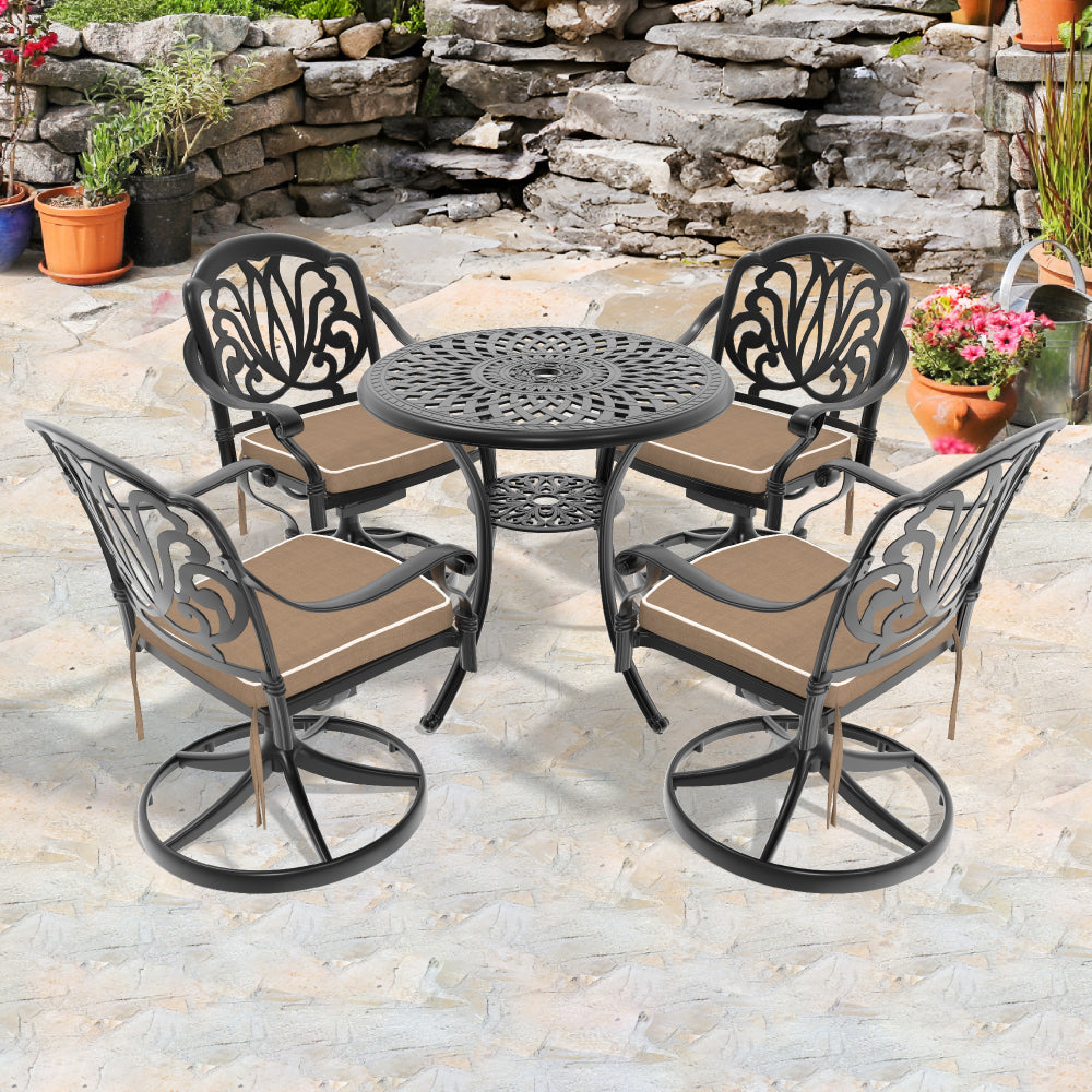 Ø30.71-inch Cast Aluminum Patio Dining Table With Black Frame and Umbrella Hole