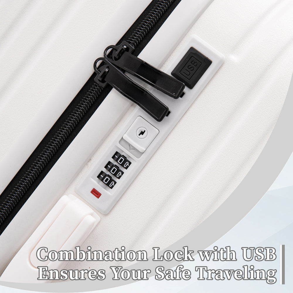 20/24/28in ABS 360° Spinner Wheel Luggage, Carry on Suitcase, with Cup Holder & USB Port (White)