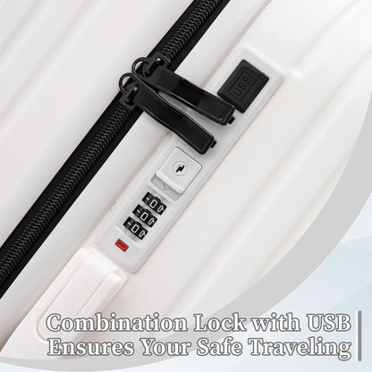 20/24/28in ABS 360° Spinner Wheel Luggage, Carry on Suitcase, with Cup Holder & USB Port (White)