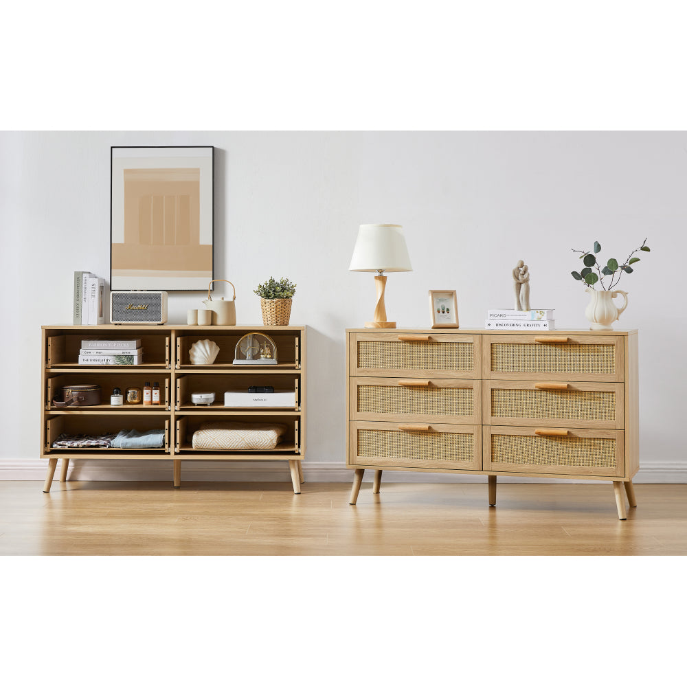 Bedroom dresser, 6 Double Dresser with rattan drawers, wood chest of drawers for kids room, living room, entry and hallway, Natural, 47.2'' W x 15.8'' D x 30'' H.