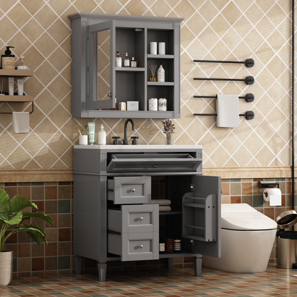 30'' Bathroom Vanity with Top Sink, Modern Bathroom Storage Cabinet with 2 Drawers and a Tip-out Drawer,  Freestanding Vanity Set with Mirror Cabinet, Single Sink Bathroom Vanity