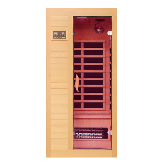 1 to 2 Person Hemlock Wood Low EMF FAR Infrared Sauna For Home with LED Control Panel and Tempered Glass Door