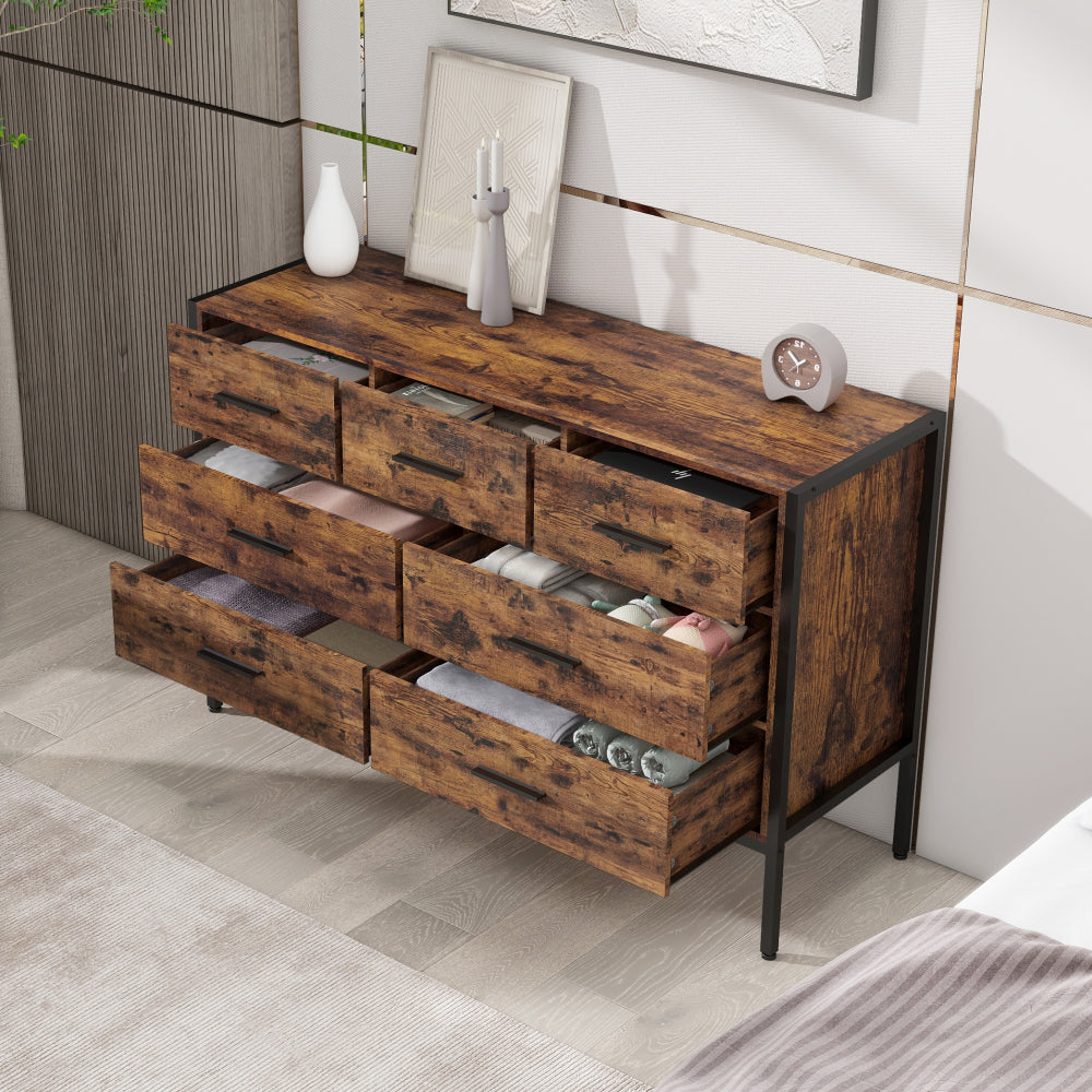 Wood Dresser with 6 Drawers, Wooden Storage Closet for Bedroom, Solid Clothes Cabinet with Sturdy Steel Frame, 48.58"W×15.75"D×31.22"H, 48 inch, Rustic Grey