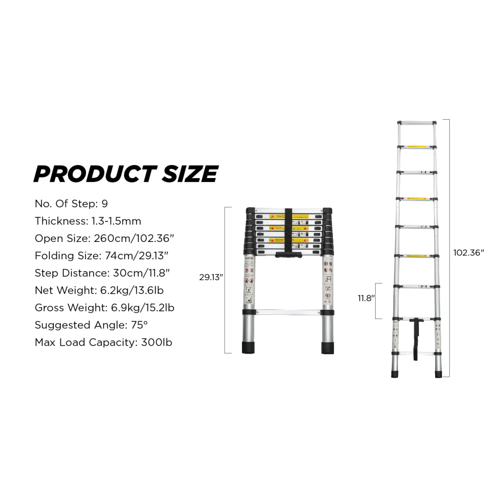 Telescoping Ladder 8.5FT, Telescopic Extension Ladder, Aluminum Alloy Folding Ladder Portable Multi-Purpose for Indoor Outdoor Work, Heavy Duty 300 lbs Load