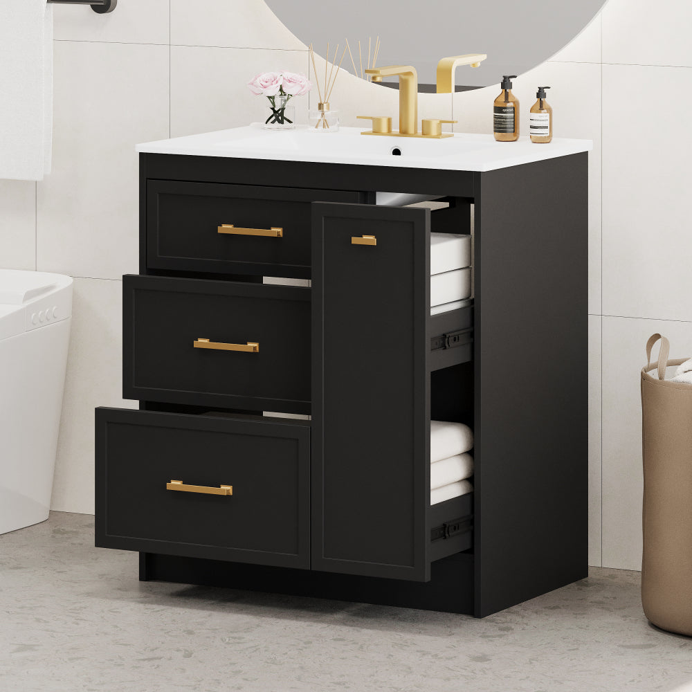 Classic 30" Black Bathroom Vanity Set, Floor Standing, with Three Drawers, One of Which is a Double-Layer Drawer, with Long Gold Handles - Perfect for Small Bathrooms