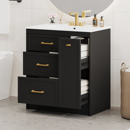 Classic 30" Black Bathroom Vanity Set, Floor Standing, with Three Drawers, One of Which is a Double-Layer Drawer, with Long Gold Handles - Perfect for Small Bathrooms