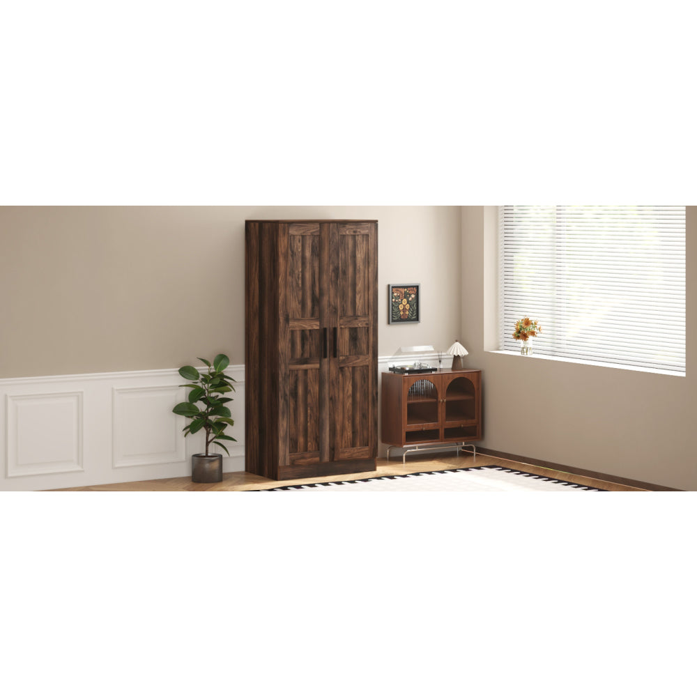 2-Door Wooden Wardrobe Armoire with LED and 4 Storage Shelves, Brown